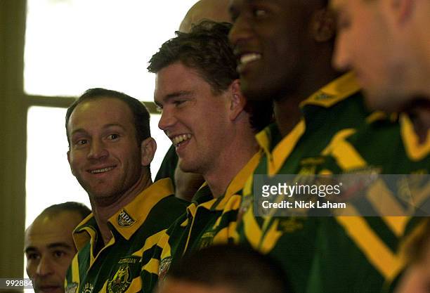 Adam MacDougall shares a laugh with team mates Matthew Gidley and Wendell Sailor during the Australian Rugby League team photo session at the SCG,...