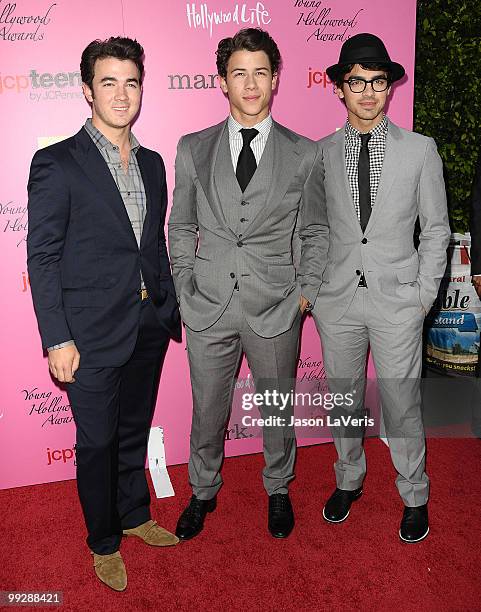 Kevin Jonas, Nick Jonas and Joe Jonas of The Jonas Brothers attend the 12th annual Young Hollywood Awards at The Wilshire Ebell Theatre on May 13,...