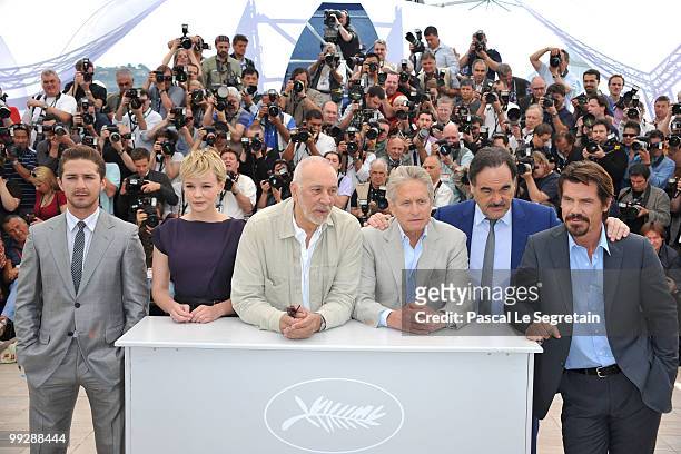 Actor Shia LaBeouf, actress Carey Mulligan, actor Frank Langella, actor Michael Douglas, director Oliver Stone and actor Josh Brolin attend the 'Wall...