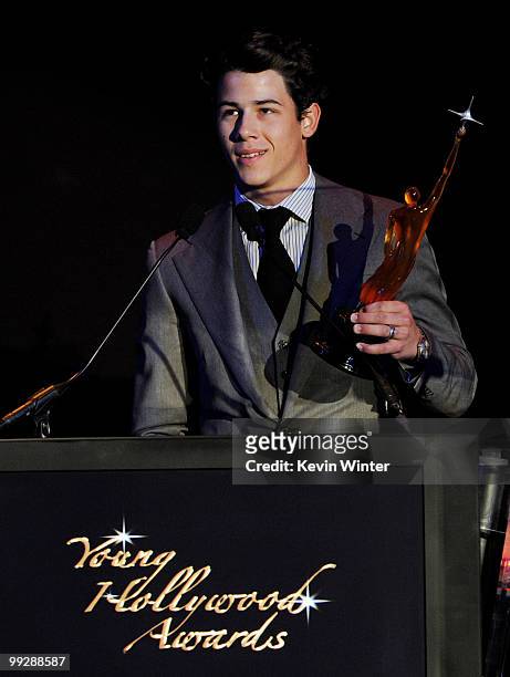 Musician Nick Jonas accepts an award onstage at the 12th Annual Young Hollywood Awards at the Wilshire Ebell Theatre on May 13, 2010 in Los Angeles,...