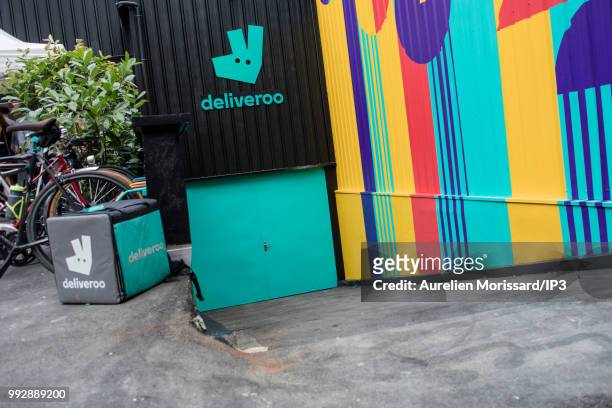 Deliveroo logo at the inauguration of a shared kitchen that allows restaurants to reach new customers and created by Deliveroo on July 3, 2018 in...