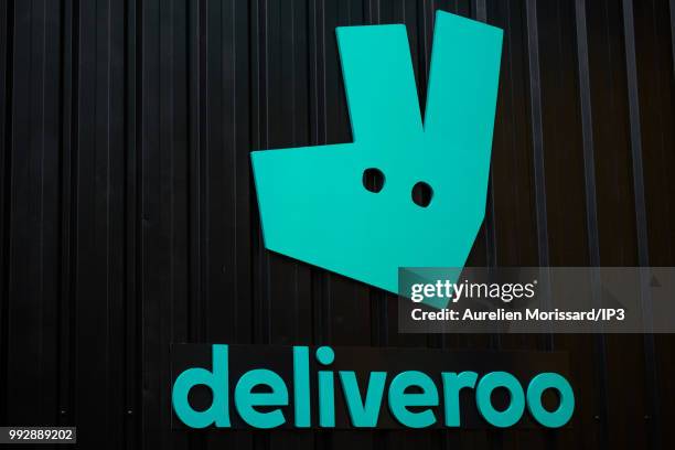 Deliveroo logo at the inauguration of a shared kitchen that allows restaurants to reach new customers and created by Deliveroo on July 3, 2018 in...