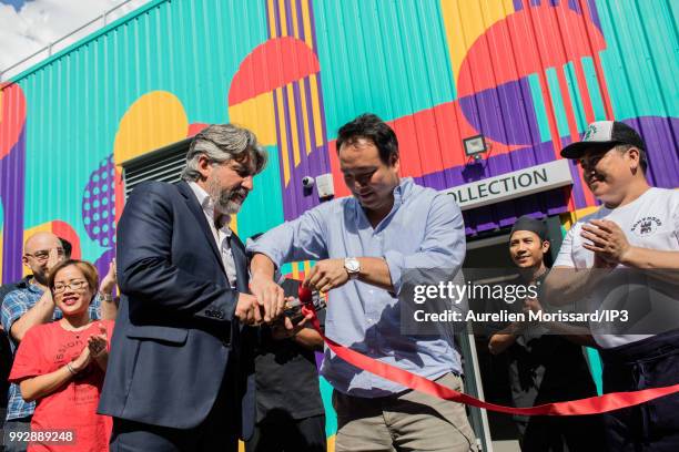 Will Shu , Deliveroo CEO and Founder, and William Delannoy , Mayor of Saint Ouen, inaugurate the first Deliveroo kitchen site in France, called...