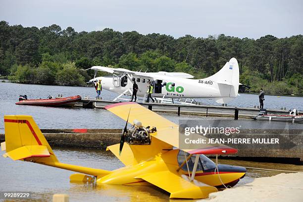 Seaplanes park on the Lac de Biscarosse during the international Biscarosse seaplane rally on May 13, 2010 in southwestern France. During this event...