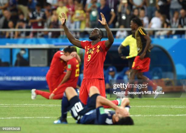 Romelu Lukaku celebrates after winning the 2018 FIFA World Cup Russia Round of 16 match between Belgium and Japan at Rostov Arena on July 2, 2018 in...