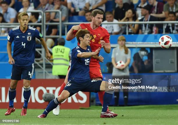 Yuya Osako and Jan Vertonghen pictured in action during the 2018 FIFA World Cup Russia Round of 16 match between Belgium and Japan at Rostov Arena on...