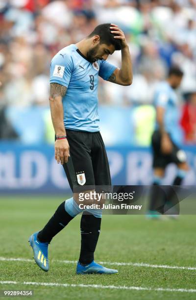 Luis Suarez of Uruguay reacts during the 2018 FIFA World Cup Russia Quarter Final match between Uruguay and France at Nizhny Novgorod Stadium on July...