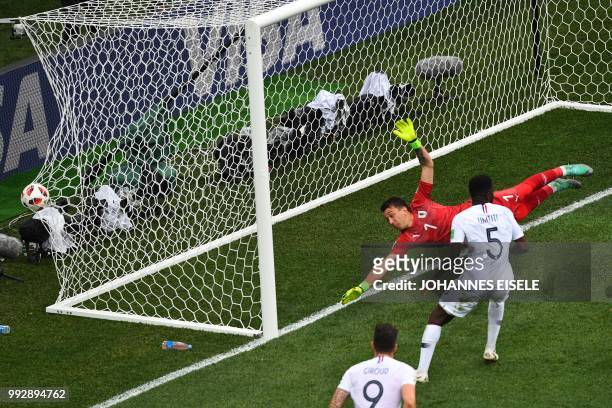 Uruguay's goalkeeper Fernando Muslera concedes a goal during the Russia 2018 World Cup quarter-final football match between Uruguay and France at the...