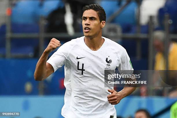 France's defender Raphael Varane celebrates a goal during the Russia 2018 World Cup quarter-final football match between Uruguay and France at the...