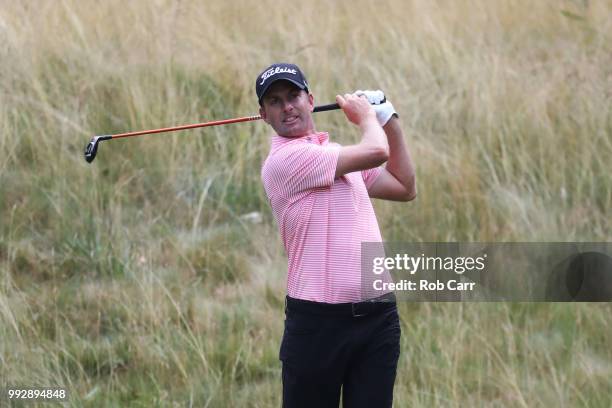 Webb Simpson tees off the 14th hole during round two of A Military Tribute At The Greenbrier held at the Old White TPC course on July 6, 2018 in...