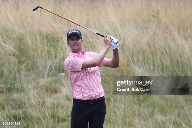 Webb Simpson tees off the 14th hole during round two of A Military Tribute At The Greenbrier held at the Old White TPC course on July 6, 2018 in...