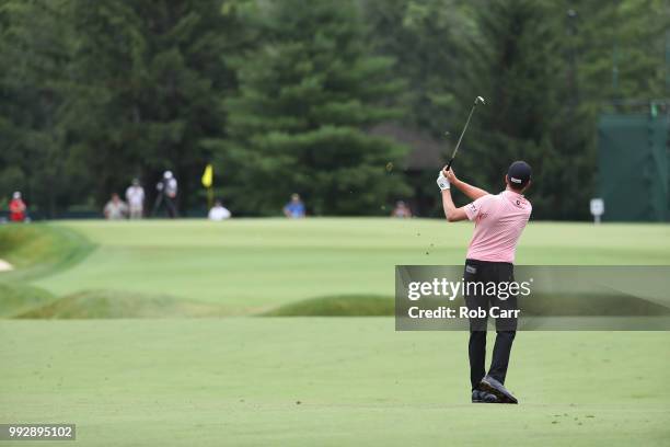 Webb Simpson hits a shot on the 14th hole during round two of A Military Tribute At The Greenbrier held at the Old White TPC course on July 6, 2018...