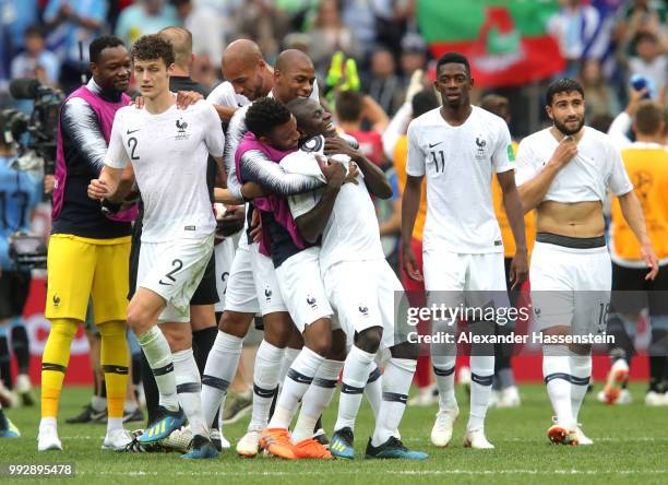 Ngolo Kante, Thomas Lemar and Djibril Sidibe of France celebrate victory following the 2018 FIFA World Cup Russia Quarter Final match between Uruguay...