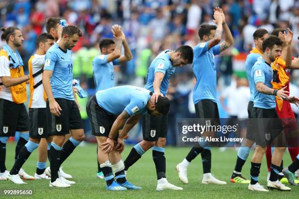 Luis Suarez of Uruguay looks dejected following his sides defeat in the 2018 FIFA World Cup Russia Quarter Final match between Uruguay and France at...