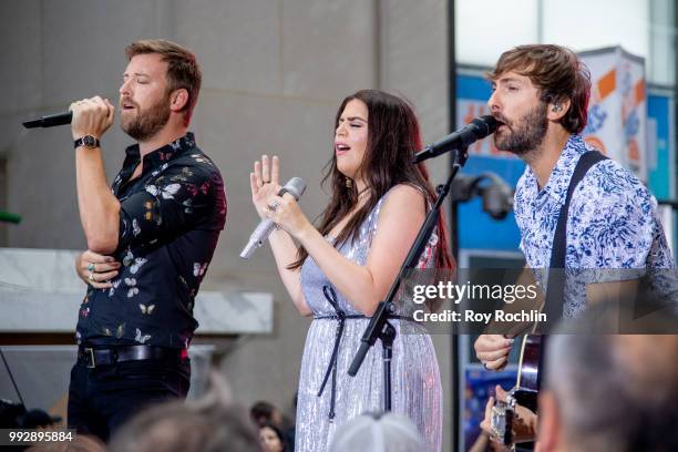 Charles Kelley, Hillary Scott and Dave Haywood of Lady Antebellum on stage as Lady Antebellum Performs On NBC's "Today" at Rockefeller Plaza on July...