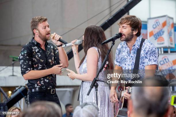 Charles Kelley, Hillary Scott and Dave Haywood of Lady Antebellum on stage as Lady Antebellum Performs On NBC's "Today" at Rockefeller Plaza on July...