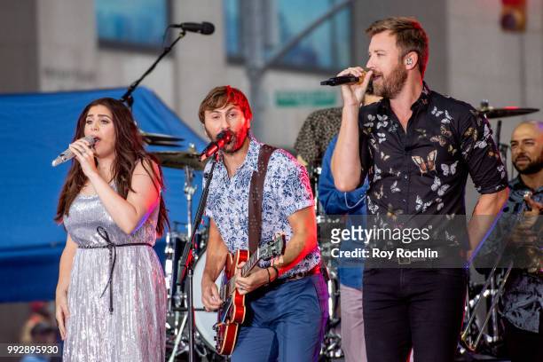 Charles Kelley, Hillary Scott and Dave Haywood of Lady Antebellum on stage as Lady Antebellum Performs On NBC's "Today" at Rockefeller Plaza on July...