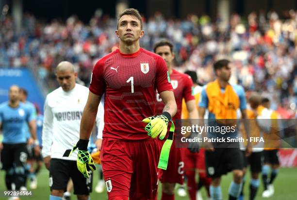 Fernando Muslera of Uruguay looks dejected following his sides defeat in the 2018 FIFA World Cup Russia Quarter Final match between Uruguay and...