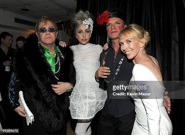 Exclusive* Elton John, Lady Gaga, Sting and Trudie Styler backstage during the Almay concert to celebrate the Rainforest Fund's 21st birthday at...