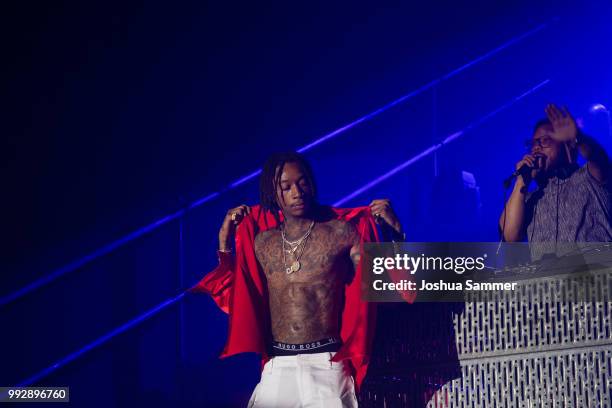 Wiz Khalifa performs on stage after the HUGO show during the Berlin Fashion Week Spring/Summer 2019 at Motorwerk on July 5, 2018 in Berlin, Germany.