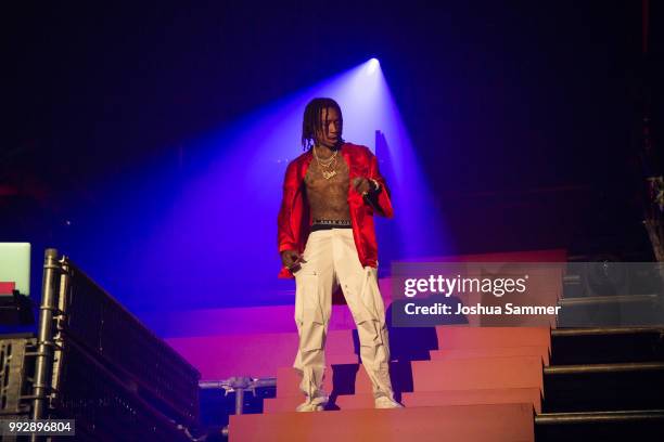 Wiz Khalifa performs on stage after the HUGO show during the Berlin Fashion Week Spring/Summer 2019 at Motorwerk on July 5, 2018 in Berlin, Germany.