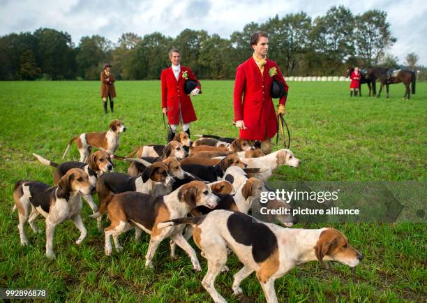 Master Camill von Dungern and his son Cosimo von Dungern , leading rider of the track hund, stand next to the foxhound dogs of the Lower Saxony Pack...