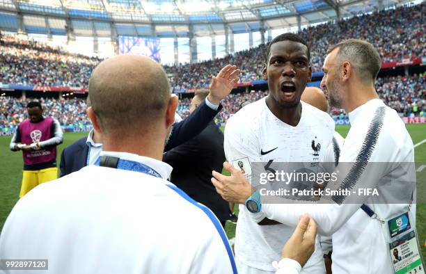 Paul Pogba of France celebrates following his sides victory in the 2018 FIFA World Cup Russia Quarter Final match between Uruguay and France at...