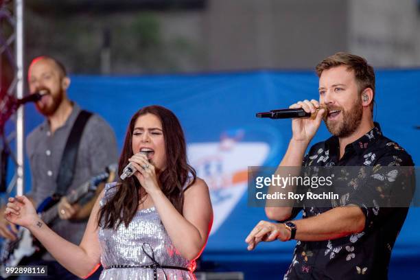 Charles Kelley and Hillary Scott of Lady Antebellum on stage as Lady Antebellum Performs On NBC's "Today" at Rockefeller Plaza on July 6, 2018 in New...