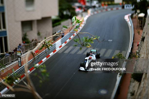 Mercedes GP's German driver Michael Schumacher drives at the Monaco street circuit on May 13 during the second free practice session of the Monaco...