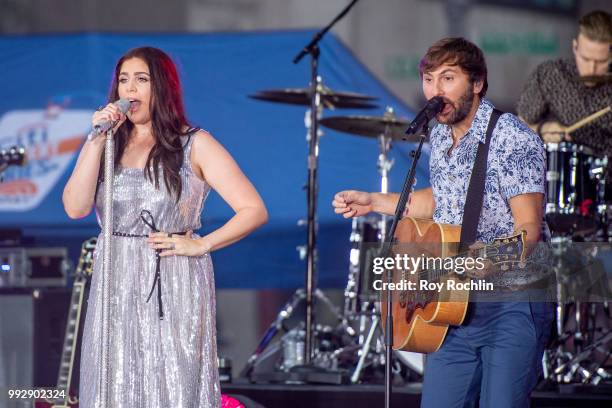 Hillary Scott and Dave Haywood of Lady Antebellum on stage as Lady Antebellum Performs On NBC's "Today" at Rockefeller Plaza on July 6, 2018 in New...