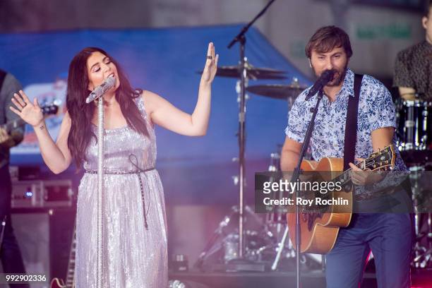 Hillary Scott and Dave Haywood of Lady Antebellum on stage as Lady Antebellum Performs On NBC's "Today" at Rockefeller Plaza on July 6, 2018 in New...
