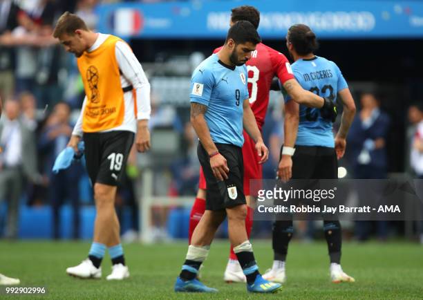 Luis Suarez of Uruguay looks dejected at the end of the 2018 FIFA World Cup Russia Quarter Final match between Uruguay and France at Nizhny Novgorod...