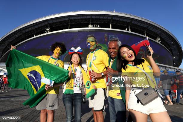 Brazil fans enjoy the pre match atmosphere prior to the 2018 FIFA World Cup Russia Quarter Final match between Brazil and Belgium at Kazan Arena on...