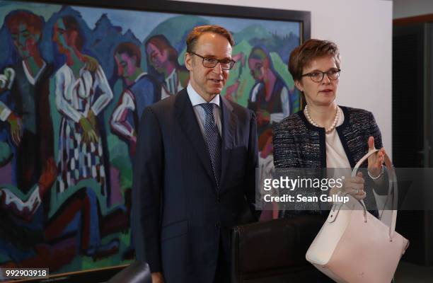 Jens Weidmann, President of the Bundesbank, and Claudia Buch, Vice President of the Bundesbank, arrive for the weekly German government cabinet...
