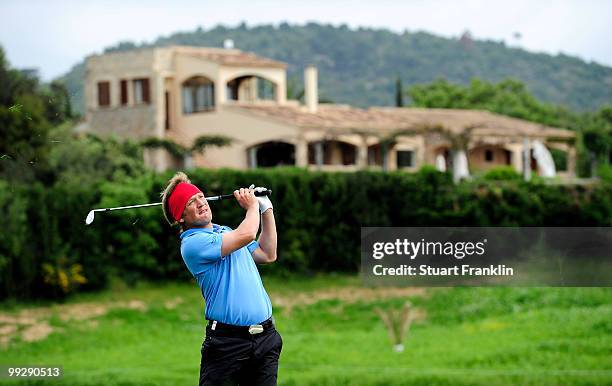 Pelle Edberg of Sweden plays his approach shot on the fourth hole during the second round of the Open Cala Millor Mallorca at Pula golf club on May...