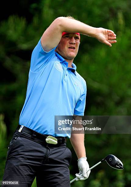 Pelle Edberg of Sweden watches his tee shot on the fourth hole during the second round of the Open Cala Millor Mallorca at Pula golf club on May 14,...