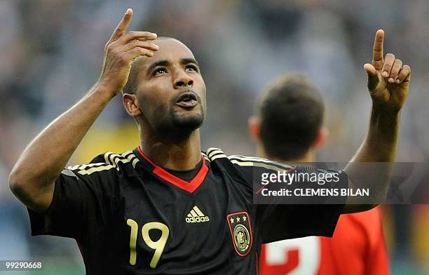 Germany's striker Cacau celebrates scoring during the friendly football match Germany vs Malta in the western German city of Aachen on May 13, 2010...