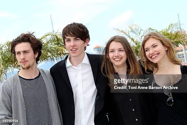 Actors Aaron Johnson, Matthew Beard, Hannah Murrah and Imogen Poots attend the 'Chatroom' Photo Call held at the Palais des Festivals during the 63rd...