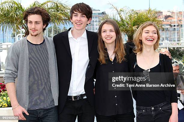 Actors Aaron Johnson, Matthew Beard, Hannah Murrah and Imogen Poots attend the 'Chatroom' Photo Call held at the Palais des Festivals during the 63rd...