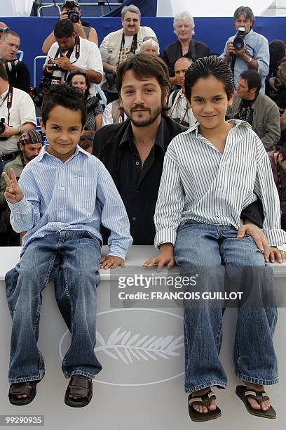 Mexican director Diego Luna poses with his actors Gerardo Ruiz Esparza and Christopher Ruiz Esparza during the photocall of "Abel" presented during a...