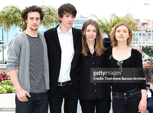 Actors Aaron Johnson, Matthew Beard, Hannah Murrah and Imogen Poots attend the 'Chatroom' Photo Call held at the Palais des Festivals during the 63rd...