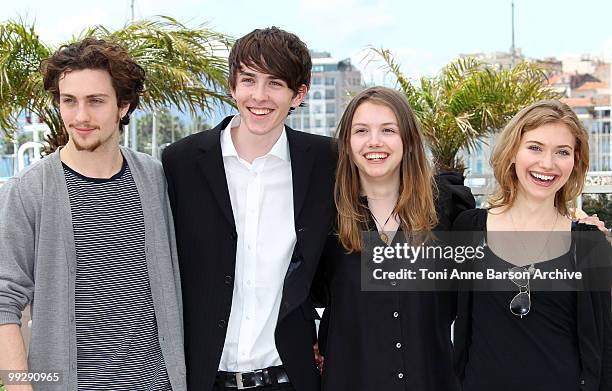 Actors Aaron Johnson, Matthew Beard, Hannah Murrah and Imogen Poots attend the 'Chatroom' Photo Call held at the Palais des Festivals during the 63rd...