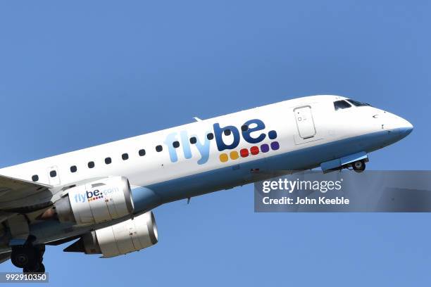 An Flybe Embraer E175 aircraft takes off from Southend airport on July 3, 2018 in Southend on Sea, England.