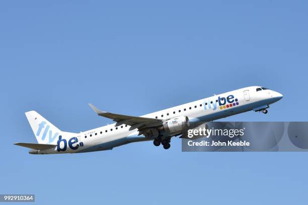 An Flybe Embraer E175 aircraft takes off from Southend airport on July 3, 2018 in Southend on Sea, England.