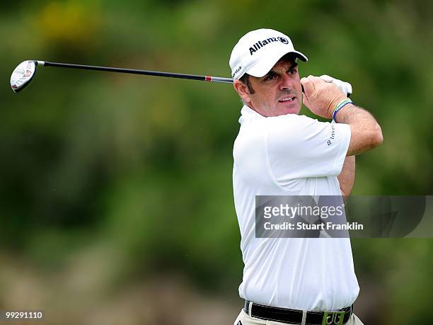 Paul McGinley of Ireland plays his tee shot on the sixth hole during the second round of the Open Cala Millor Mallorca at Pula golf club on May 14,...