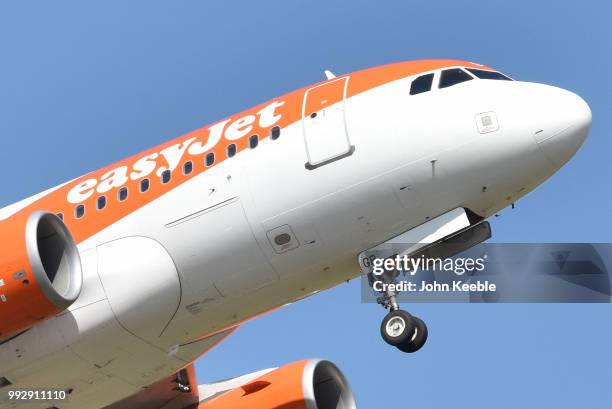 An EasyJet airplane takes off from Southend airport on July 3, 2018 in Southend on Sea, England.