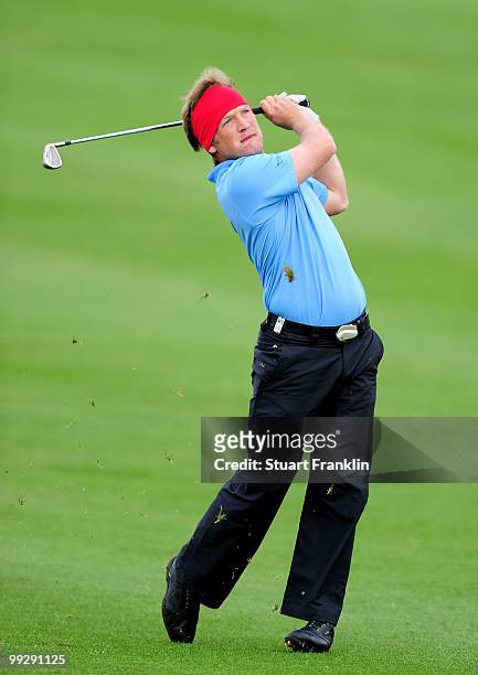 Pelle Edberg of Sweden plays his approach shot on the 16th hole during the second round of the Open Cala Millor Mallorca at Pula golf club on May 14,...