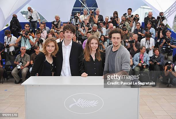 Actors, Imogen Poots , Aaron Johnson, Hannah Murray and Matthew Beard attend the 'Chatroom' Photocall at the Palais des Festivals during the 63rd...