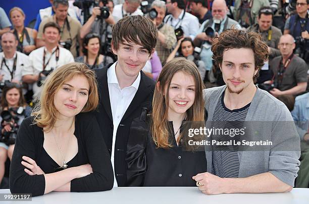 Actors, Imogen Poots , Aaron Johnson, Hannah Murray and Matthew Beard attend the 'Chatroom' Photocall at the Palais des Festivals during the 63rd...