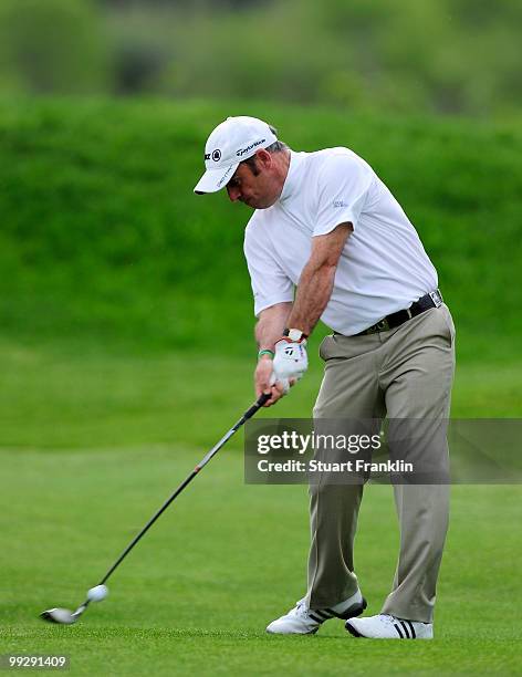 Paul McGinley of Ireland plays his approach shot on the 10th hole during the second round of the Open Cala Millor Mallorca at Pula golf club on May...